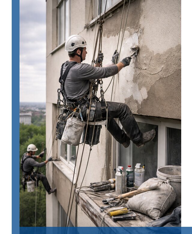 Косметический ремонт фасада зданий в Самаре промышленными альпинистами