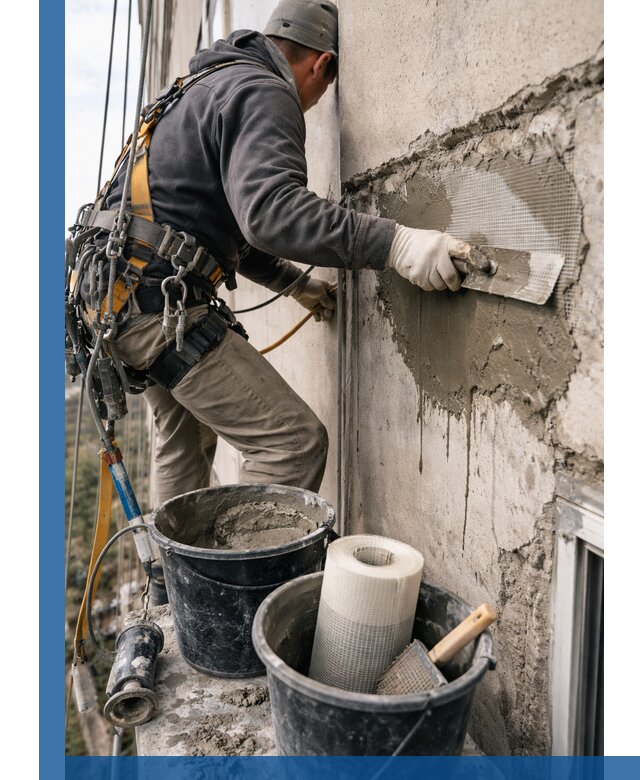 Ремонт бетонных элементов фасада промышленными альпинистами в Самаре