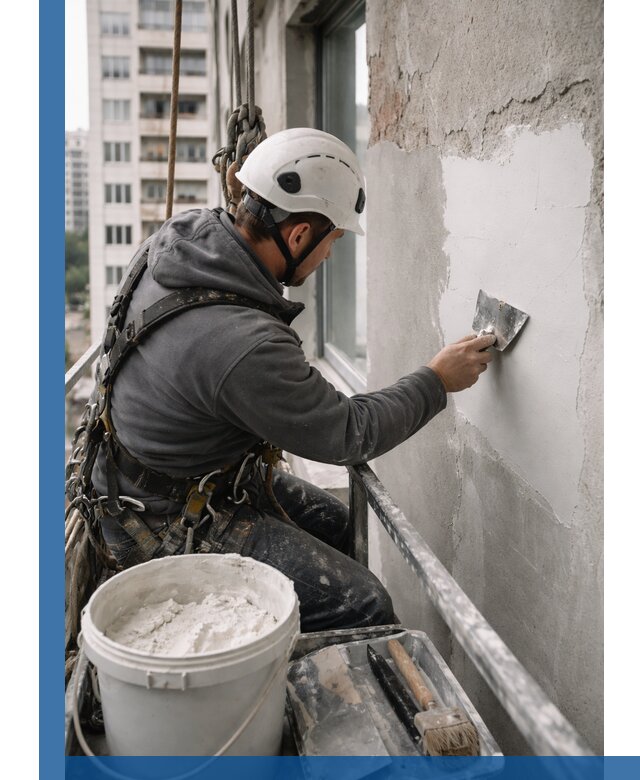 Шпаклевка фасадов на высоте с промальпинистами в Самаре