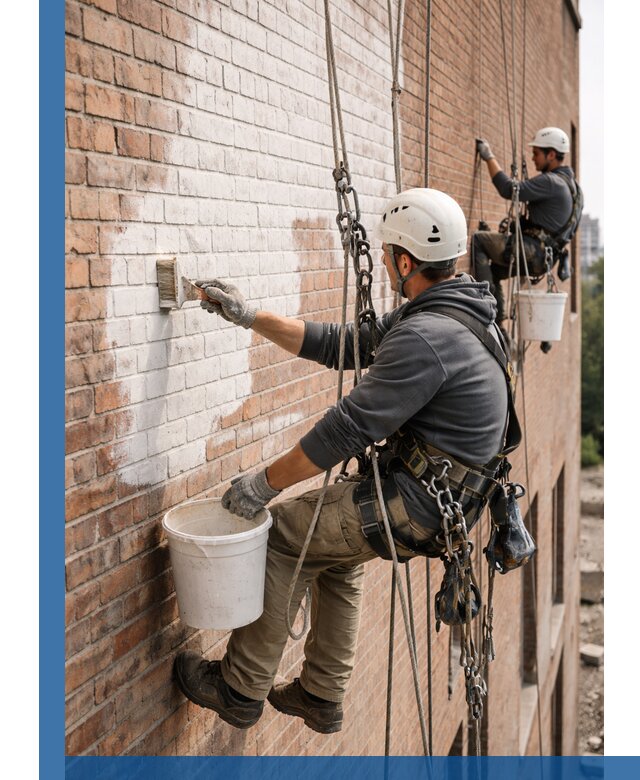 Покраска кирпичного фасада с доступным альпинистским сервисом в Самаре