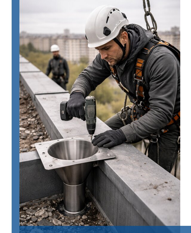 Монтаж водосточных воронок в Самаре для промышленных зданий