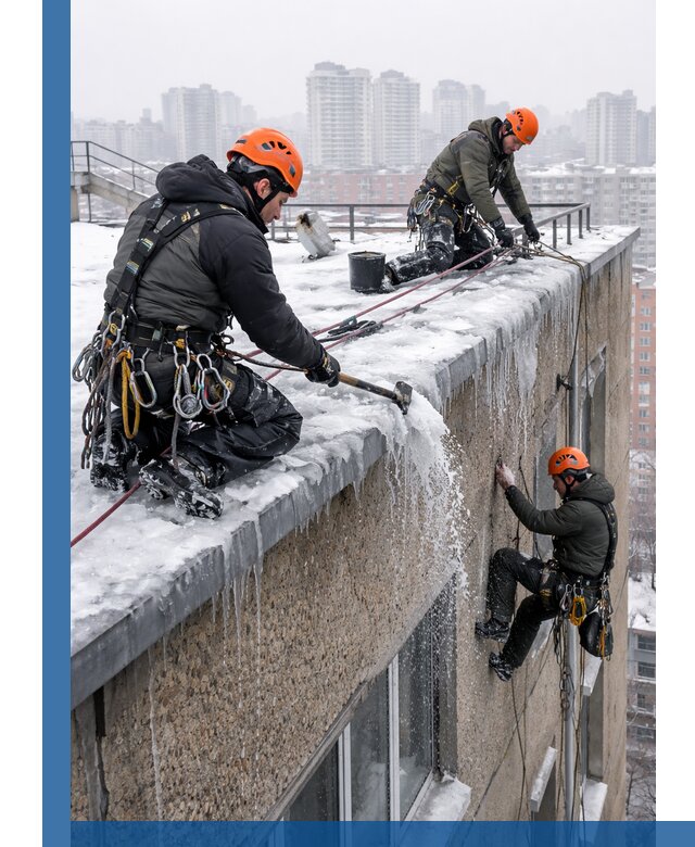 Удаление наледи с кровли в Самаре промышленными альпинистами