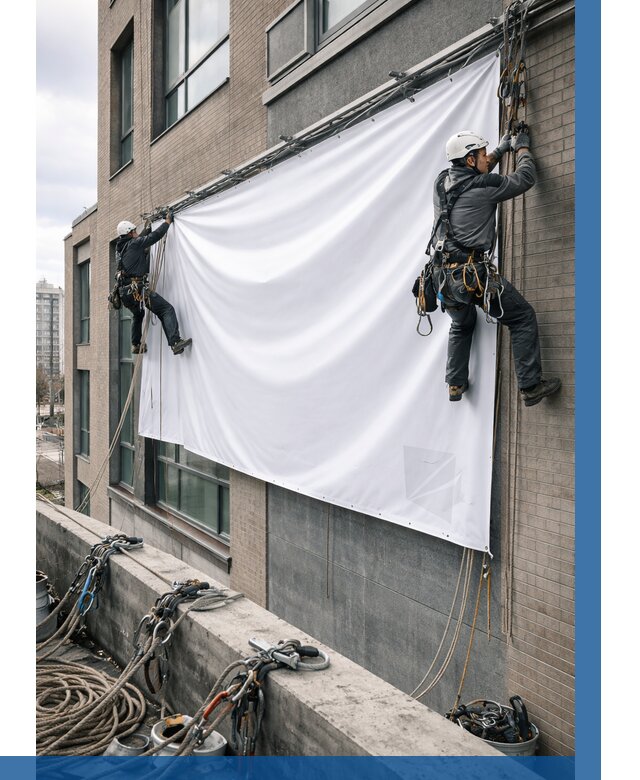 Монтаж баннеров на фасаде в Самаре от 657 р. заказать ВЫСОТНИК-Смр