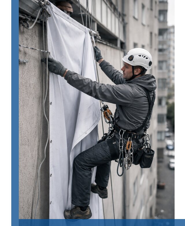 Замена баннерного полотна промышленными альпинистами в Самаре