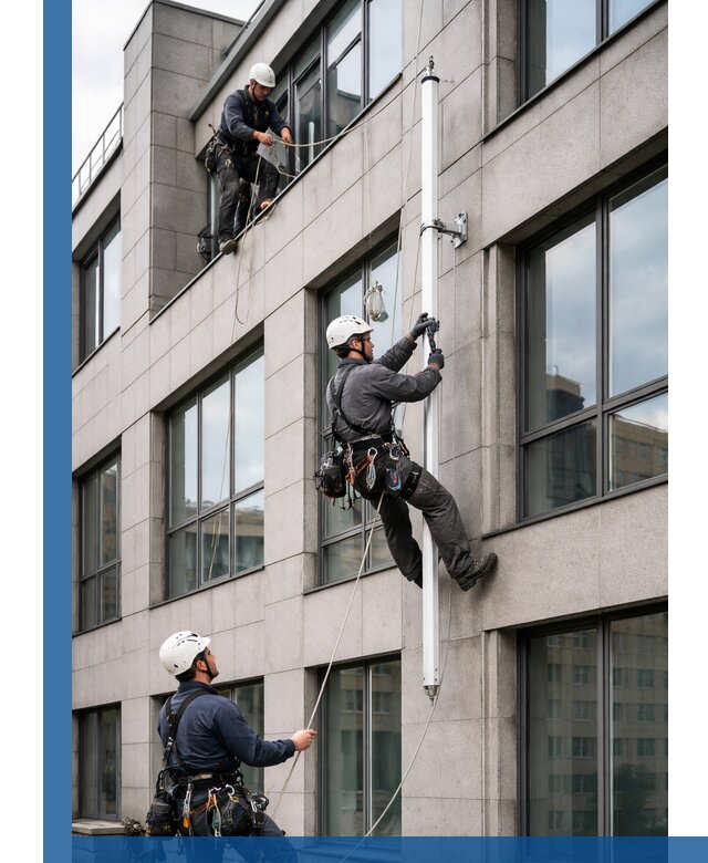 Монтаж флагштока на фасаде здания с креплением и герметикой в Самаре