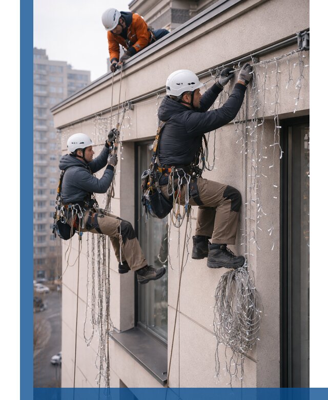 Монтаж праздничных гирлянд на фасаде в Самаре для зданий