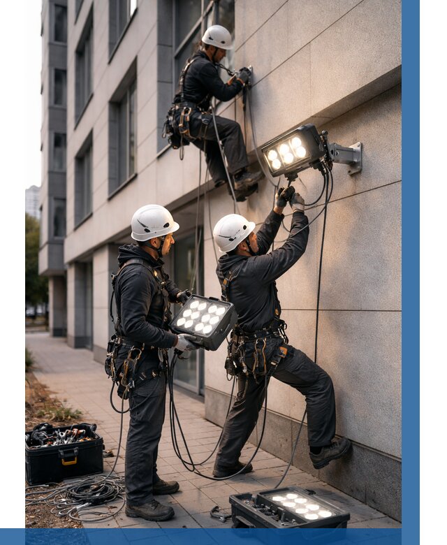 Монтаж прожекторов на фасаде в Самаре от 7580 р. | ВЫСОТНИК-Смр