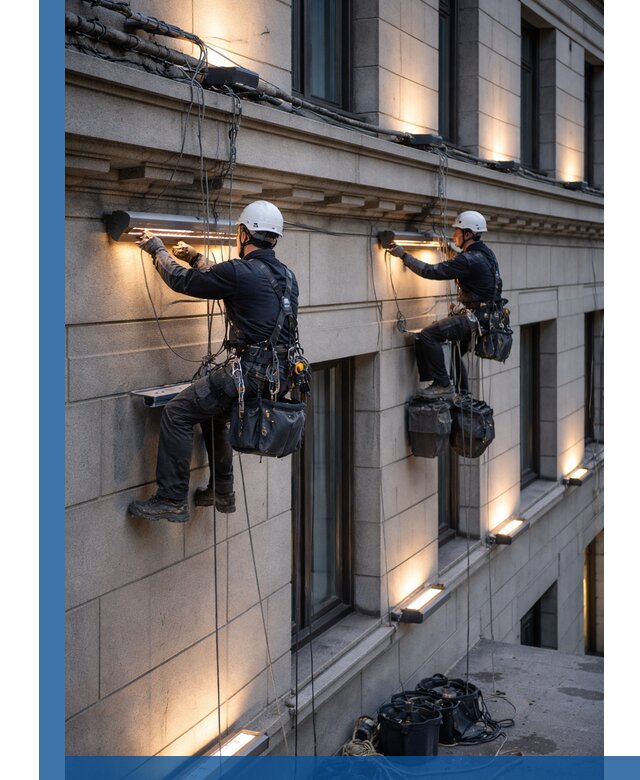 Монтаж архитектурной подсветки фасадов зданий в Самаре