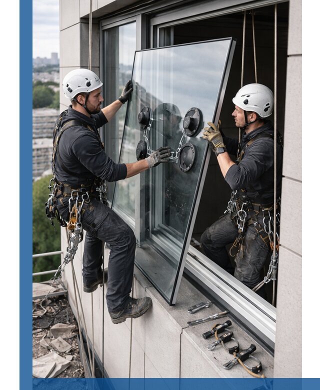 Замена стеклопакетов на высоте с промышленными альпинистами в Самаре