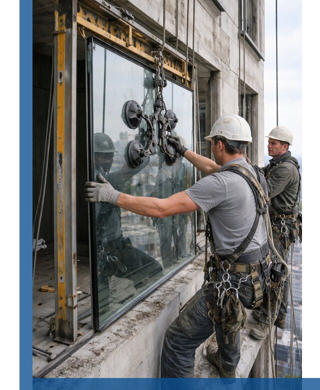 Монтаж стеклопакетов на высоте в Самаре с промышленным альпинизмом