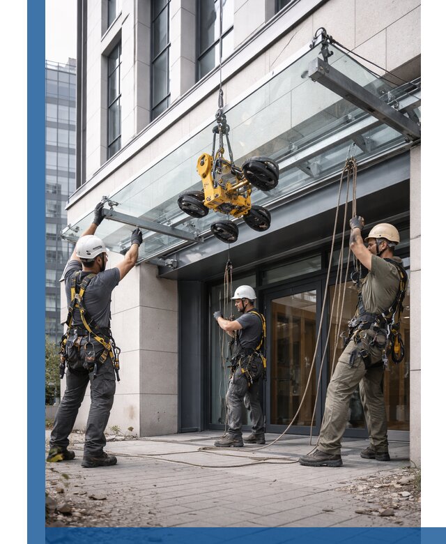 Монтаж стеклянных козырьков под ключ в Самаре для зданий