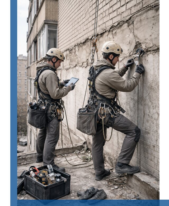 Обследование фасада промышленными альпинистами в Самаре